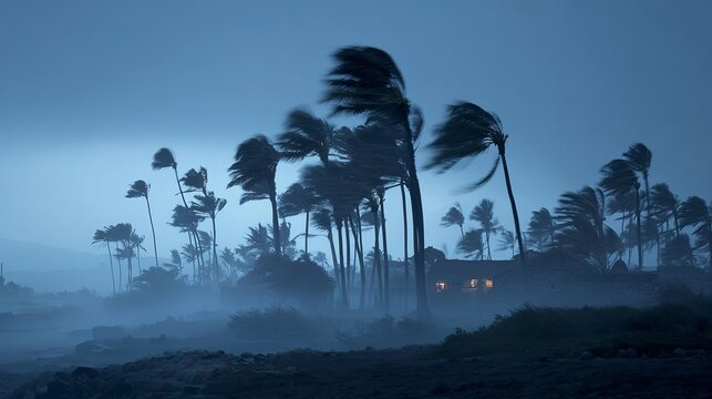 Tropical Storm With Palm Trees Swaying Violently On Dark Rocky Shore For Weather Disaster Concepts