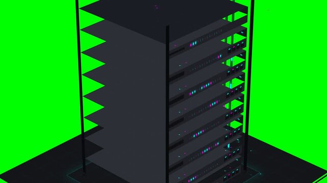 Isometric 3D Data Center Server Rack with Glowing Cyan and Magenta Indicator Lights on Green Screen Background