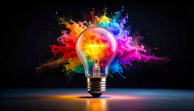 Light bulb exploding with radiant colorful powder burst