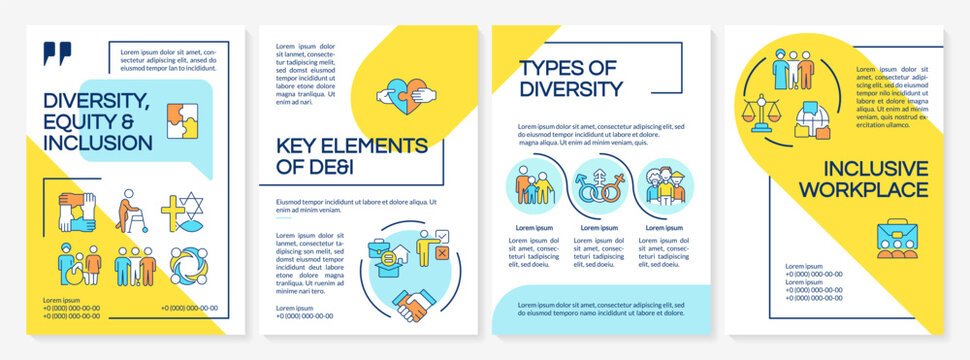 Key elements of dei blue and yellow brochure layout. Corporate workplace culture. Leaflet advertising design with color line icons. Editable 4 pages. Questrial, Lato-Regular fonts used