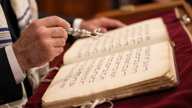 Man Reading Hebrew Scroll with Torah Pointer in Synagogue