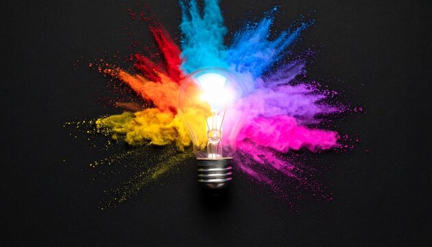 Light bulb exploding with radiant colorful powder burst