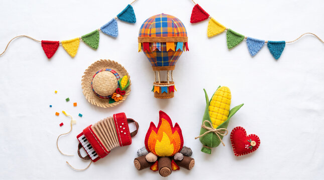 Whimsical festa junina celebration still life with hot air balloon accordion campfire corn heart and festive bunting