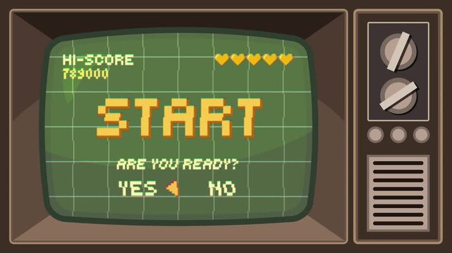 Vintage retro arcade start screen green CRT grid interface with pixel UI press start prompt nostalgic gaming overlay 4K 60fps