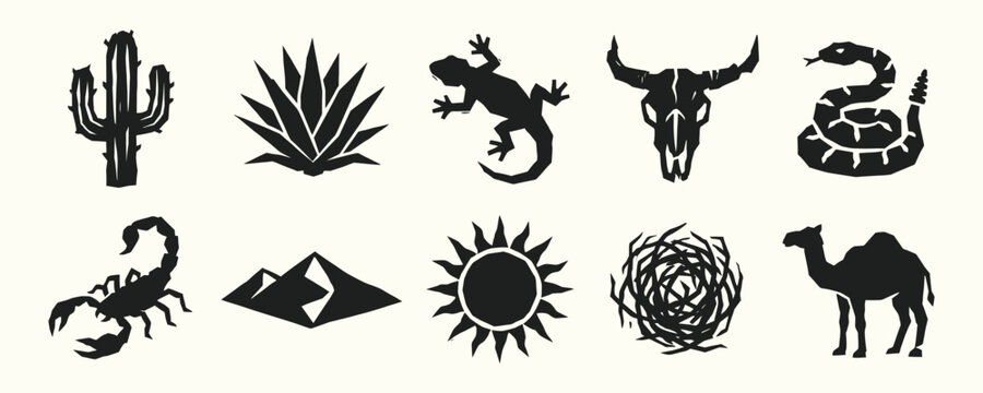 Desert silhouette icon set featuring cactus and wild animals for rustic nature branding