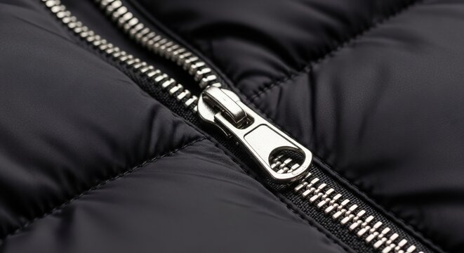 Close up macro shot of a silver metal zipper pull on a black quilted puffer jacket fabric with shallow depth of field