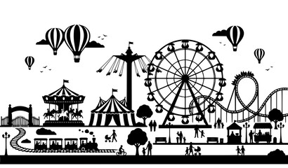 Carnival amusement park landscape vector illustration with black silhouette rides circus tent carousel and hot air balloon funfair scene © HoriProshad