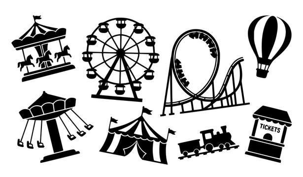 Amusement park funfair icon collection vector illustration black silhouette carnival rides carousel circus tent and entertainment elements
