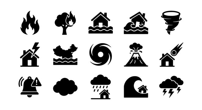vector set of disaster warning symbols including fire tornado hurricane and more