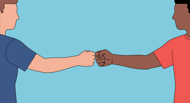 Two diverse men, one white, one black, bumping fists in greeting against a blue background.