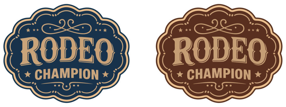 Rodeo champion cowboy label buckle with bull rider medal emblem, ornate typographic vintage Western vector design for apparel branding and logo use