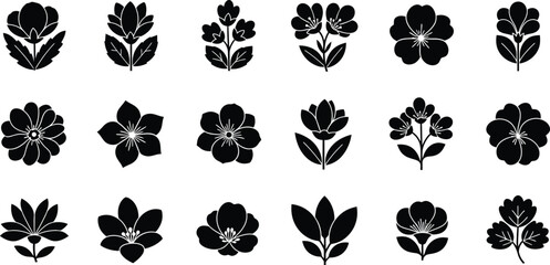 Black floral 16 flower and leaf white background, flowers leaves © Graphic Shops