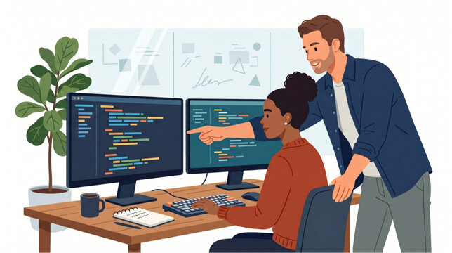 Programming team collaborating on code review in modern tech office vector illustration