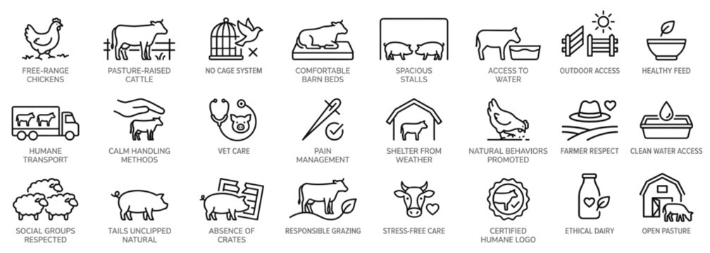 Animal welfare and ethical farming line art icon set. Humane livestock treatment and sustainable agriculture symbols