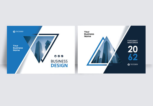 Modern business brochure layout &ndash; Geometric Book Cover Landscape Layout Blue and White	

