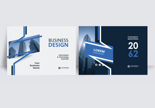 Modern business brochure layout &ndash; Geometric Book Cover Landscape Layout Blue and White	

