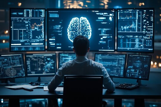 A man sitting at a desk in front of multiple computer monitors with a brain on the screen