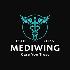 Obraz premium Established in 2026, mediwing logo conveys trust in healthcare. Suitable for medical websites, clinics, and organizations looking for a modern brand identity.