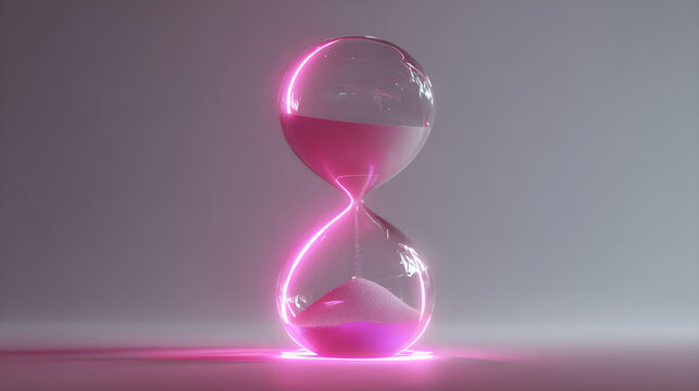 Glowing neon pink hourglass with sand flowing illuminated from within on a gray background symbolizing time urgency and concept