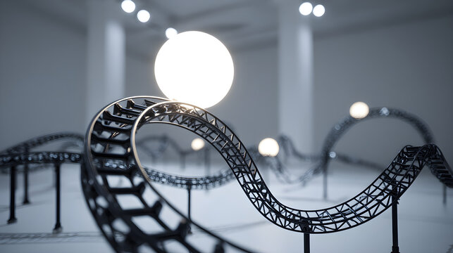 Glowing white orb rolls along a twisted black rollercoaster track in a modern art gallery with bright lights