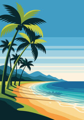 Fototapeta premium Vintage Style Tropical Beach Illustration with Palm Trees, Ocean Waves, and Mountain Landscape - Retro Travel Poster Design
