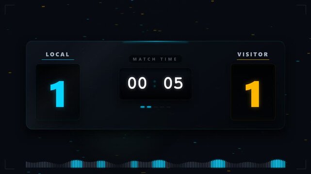 Futuristic Digital Sports Scoreboard Interface with Live Match Timer and Score Tracking for Esports Broadcast