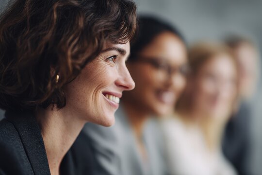 diverse female professionals smiling and collaborating together in workplace