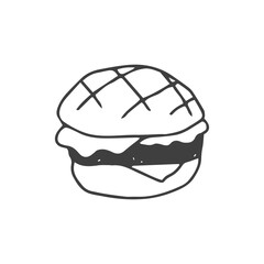 Fototapeta premium Grilled Burger Doodle Illustration. Barbecue hamburger with sear marks, hand drawn fast food icon in simple outline style. Vector sketch drawing