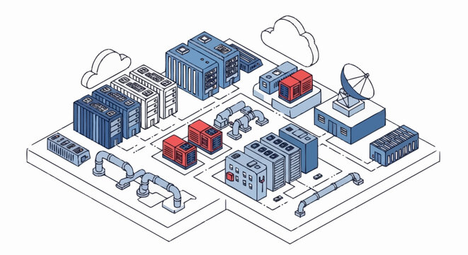 Modern data center infrastructure with servers and networking equipment.