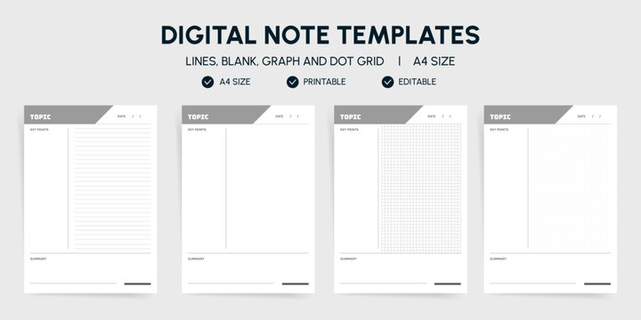 Cornell Notes Template Set with Geometric Header Design. Lined, Blank, Graph and Dot Grid Pages with Key Points and Summary Sections. A4 Printable Editable Lecture Note Layout for Students. Vector.
