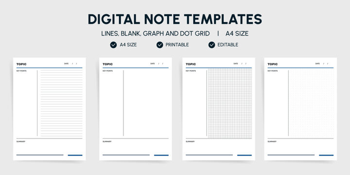 Cornell Notes Template Bundle with Blue Accent Line. Minimalist Lined, Blank, Graph and Dot Grid Pages with Key Points and Summary. A4 Printable Editable Lecture Note Layout for Students. Clean Vector