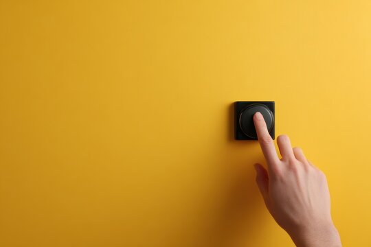 hand pressing yellow accessibility assistance button on wall public space inclusivity concept