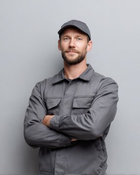 confident male service technician in uniform with arms crossed, professional delivery or maintenance worker portrait on grey background