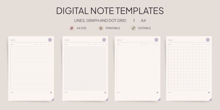 Digital Note Templates Vector Set, Modern Minimal, Printable A4, Lined Graph Dot Grid, Planner Pages