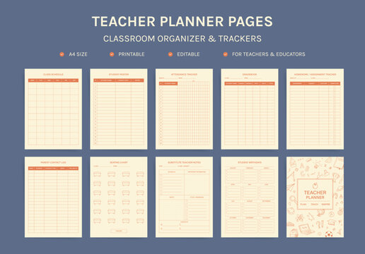 Teacher Planner Page Templates Bundle. Classroom Organizer and Trackers with Class Schedule, Student Roster, Attendance, Gradebook, Homework, Parent Contact Log, Seating Chart, Substitute Notes