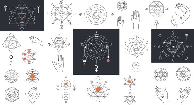 Intricate collection of sacred geometry and alchemical symbols featuring triangles, circles, and hand gestures on diverse panels.