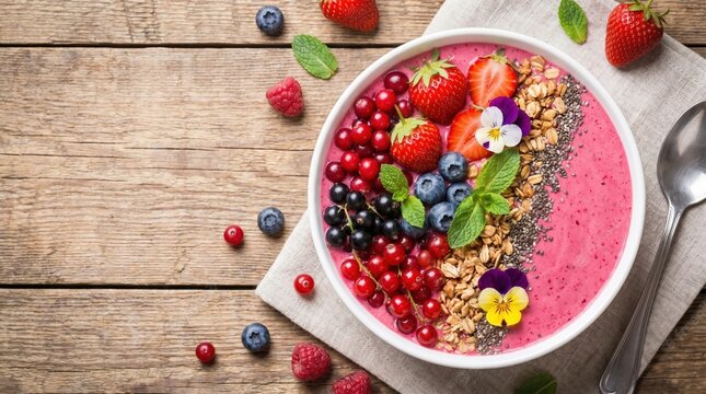 Pink smoothie bowl topped with fresh strawberries blueberries raspberries currants oats and mint leaves. Healthy superfood breakfast concept for vegan nutrition and wellness