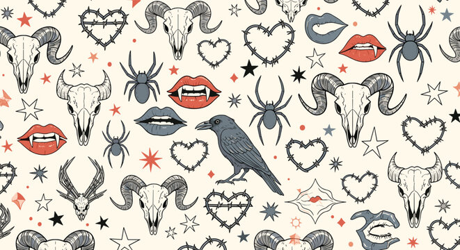 Edgy seamless pattern featuring gothic tattoo motifs like ram skulls, spiders, vampire lips, and barbed wire hearts on cream.