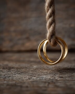 golden rings hanging on rope, symbolic love and commitment concept, rustic background