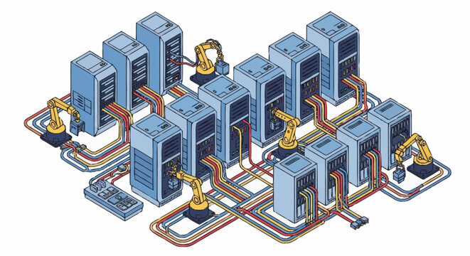Automated server farm with robotic arms and network cables.