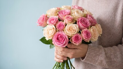 Obraz premium Woman holding bouquet of pink and peach roses. Fresh flower arrangement symbolizing love and romance. Elegant floral design with soft petals and green leaves in gentle lighting