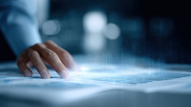 businessman analyzing company financial balance sheet with digital virtual graphics overlay, calculating data for long term investment growth goals, modern office, blue fintech interface