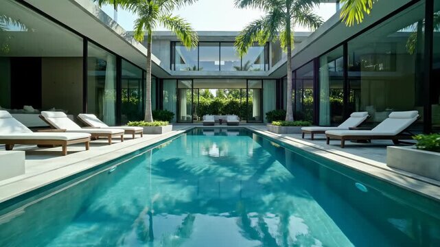 Luxurious modern villa with glass walls, palm trees, and an inviting swimming pool under clear skies