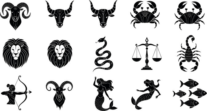 Zodiac Silhouette Icons Set with Astrology Signs and Mythical Creatures Collection in Black Style Isolated on White Background for Horoscope Design
