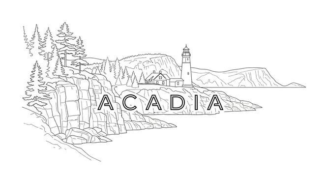 A serene landscape illustration of Acadia featuring a lighthouse, trees, and hills by the sea.