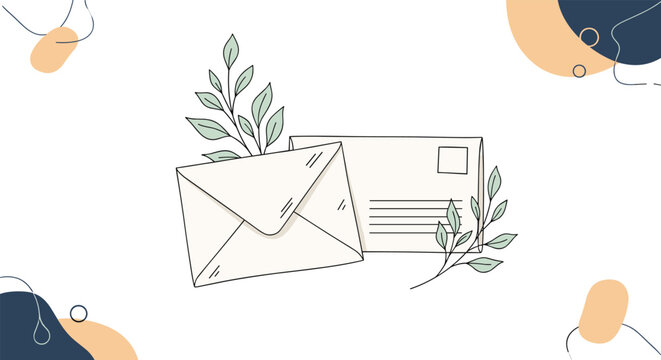 Two aesthetic envelopes decorated with green leaf branches set against a minimalist abstract background with organic shapes.