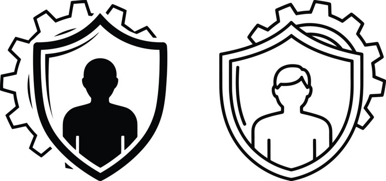 Two icons representing personal data protection and user security settings with a shield and gear symbol