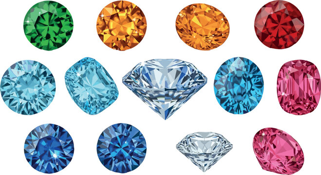Realistic Colorful Gemstone Collection with Faceted Diamonds and Precious Crystal Shapes Isolated on White Background for Jewelry Design and Luxury Graphics