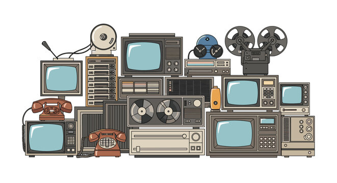 Large collection of vintage electronic devices including old televisions, radios, cameras, and telephones stacked together.