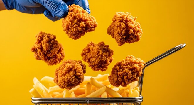 Crispy golden fried chicken pieces and french fries levitating over a wire basket against a vibrant yellow background